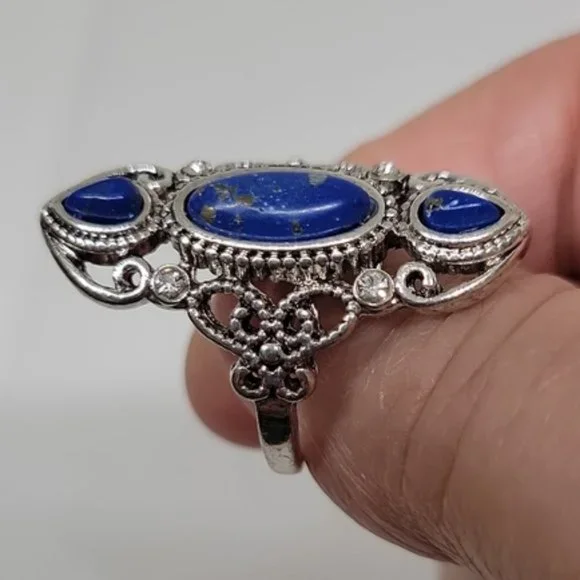 Ancient Silver Lapis-Lazuli Ring Faux Gemstones Silver Plated Blue Size 8 New - Picture 4 of 10
